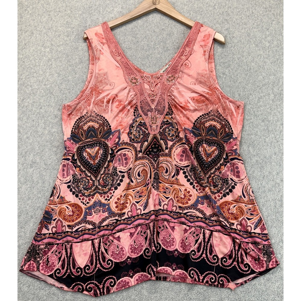 One World Womens Tank Top Pink Embroidered V-Neck Colorful Paisley Print XL